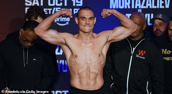 ORLANDO, FLORIDA, UNITED STATES – OCTOBER 18: Tim Tszyu poses during the weigh-in ceremony ahead of his fight against Bakhram Murtazaliev on Saturday evening, at the Caribe Royal Hotel on October 18, 2024 in Orlando, Florida. (Photo by Paul Hennessy/Anadolu via Getty Images)