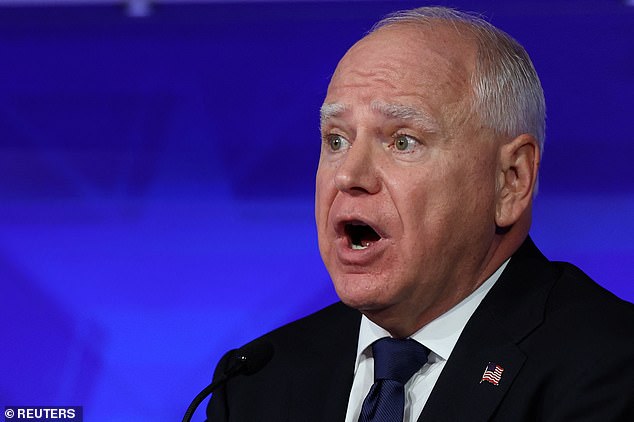 Democratic vice presidential candidate Minnesota Governor Tim Walz gestures as he speaks during a debate with Republican vice presidential candidate U.S. Senator J.D. Vance. Walz claimed during debate: 'I have become friends with school shooters'