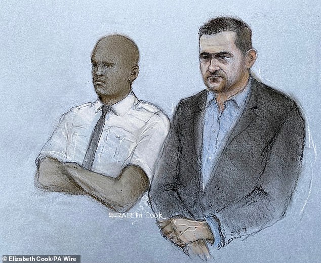 Tommy Robinson sits next to a port officer in court today, in a sketch drawn by Elizabeth Cook