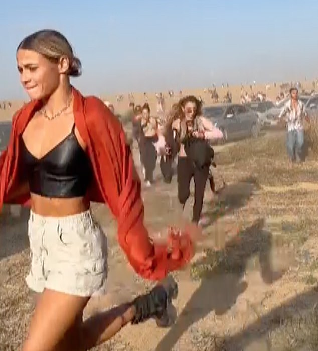 Festival-goer Vlada Patapov (left) is seen fleeing the site of the Nova Festival massacre on October 7, where Hamas gunmen opened fire on revelers, killing hundreds