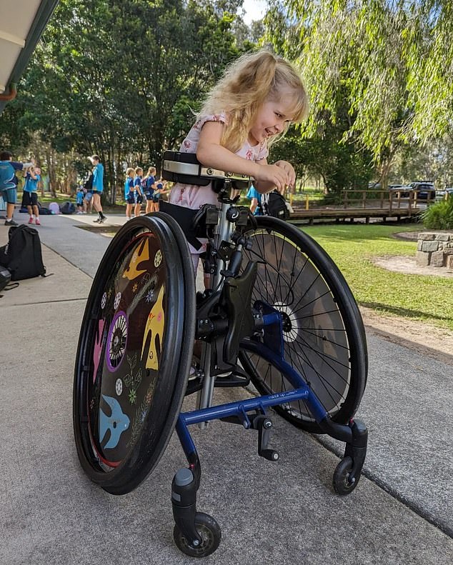 Tallulah Moon, now five years old, is pictured above. When she was 18 months old, she was diagnosed with the genetic disease SPG56. It has left her unable to walk, talk or even sit up straight and raise her arms above her head