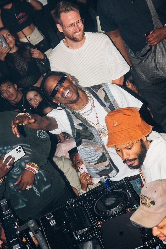 Hip-hop sensation Travis Scott (pictured center) threw a wild party after his show in Melbourne this week. The 33-year-old American rapper, who is currently on his Circus Maximus tour in Australia, took nightclub hotspot Ms Collins by storm on Tuesday