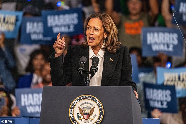 Vice President and current Democratic presidential candidate Kamala Harris speaks during a campaign rally at Williams Arena in Greenville, North Carolina,