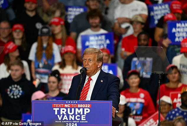 Former president and Republican presidential candidate Donald Trump speaks during a campaign rally in Rocky Mount, North Carolina, on October 30, 2024