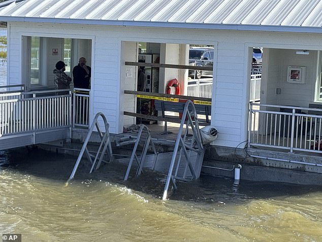 A section of the gangplank that collapsed Saturday afternoon remains visible Sunday on Sapelo Island in McIntosh County, Georgia