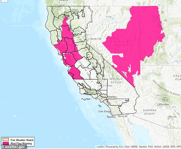 The NWS has issued a 'red flag' fire warning for parts of Northern California as hot, dry 'Diablo' winds are forecast to blow through the state