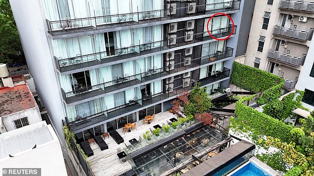 The hotel balcony from which Liam Payne fell yesterday in Buenos Aires, Argentina, is circled