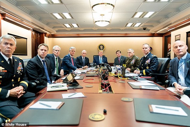 Donald Trump in the White House Situation Room during the raid on Abu Bakr al-Baghdadi – from the president's right: Vice President Mike Pence, National Security Advisor Robert O'Brien, and Christopher Miller, who was then a member of the National Security Council; to the president's left are Secretary of Defense Mark Esper and Chairman of the Joint Chiefs of Staff of the United States Army, General Mark Milley