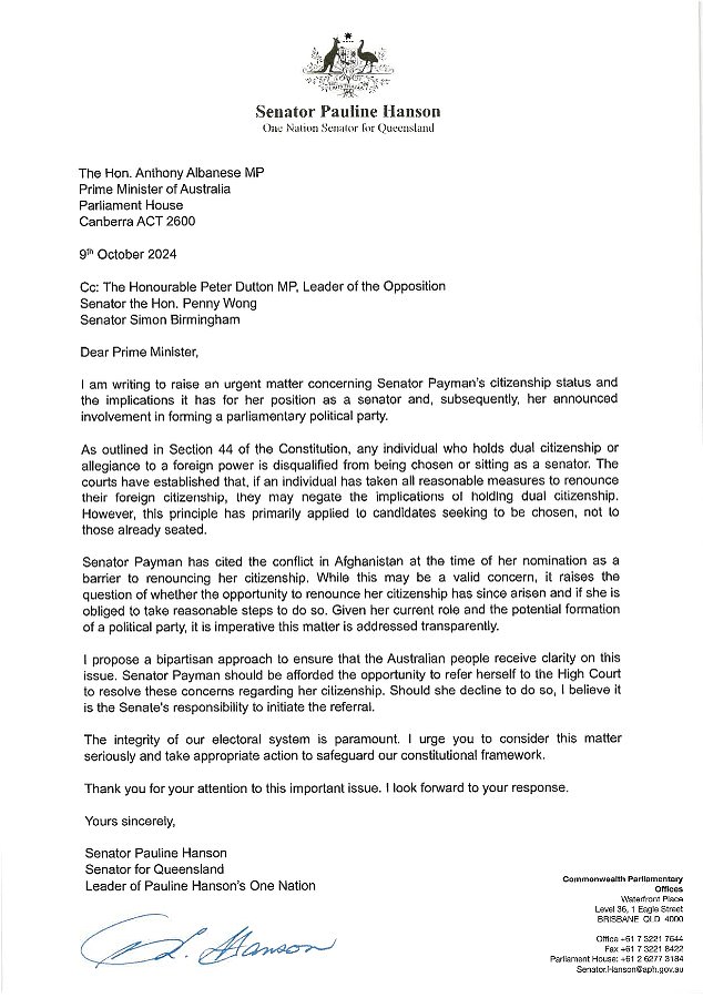 Pictured: the letter One Nation leader Pauline Hanson wrote to Anthony Albanese on Wednesday