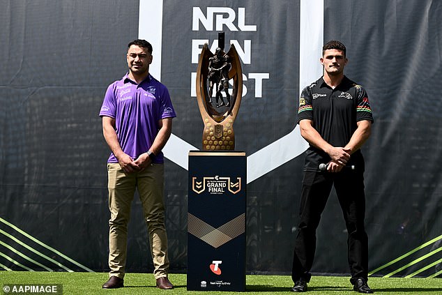 The NRL grand final between the Storm and Panthers ends around 9.30pm - and drinkers in NSW can party long into the night thanks to a rule change by the state government (pictured, Melbourne's Jahrome Hughes and Penrith's Nathan Clear)