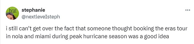 Fans have been talking on X/Twitter about the Eras Tour coming to Miami next week, with some wondering why it was scheduled during hurricane season in Florida.