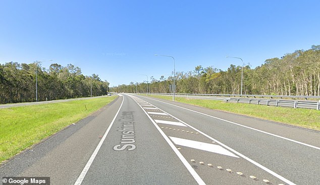 The 48-year-old was driving her Tesla Model 3 along the Sunshine Motorway (pictured) in Coolum Beach on Queensland's Sunshine Coast at 2.35pm on Monday when she collided with a Toyota Hilux traveling in the opposite direction.