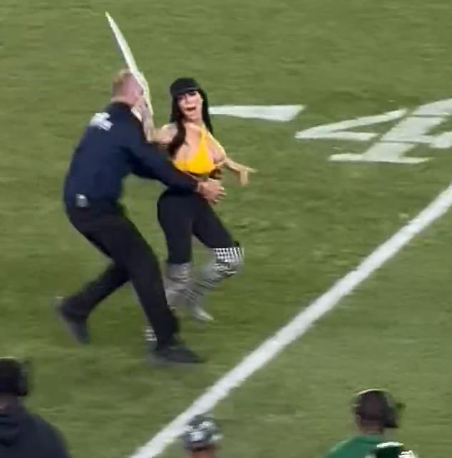 A woman was stopped on the field at Jets-Steelers in Pittsburgh holding a pro-Trump sign