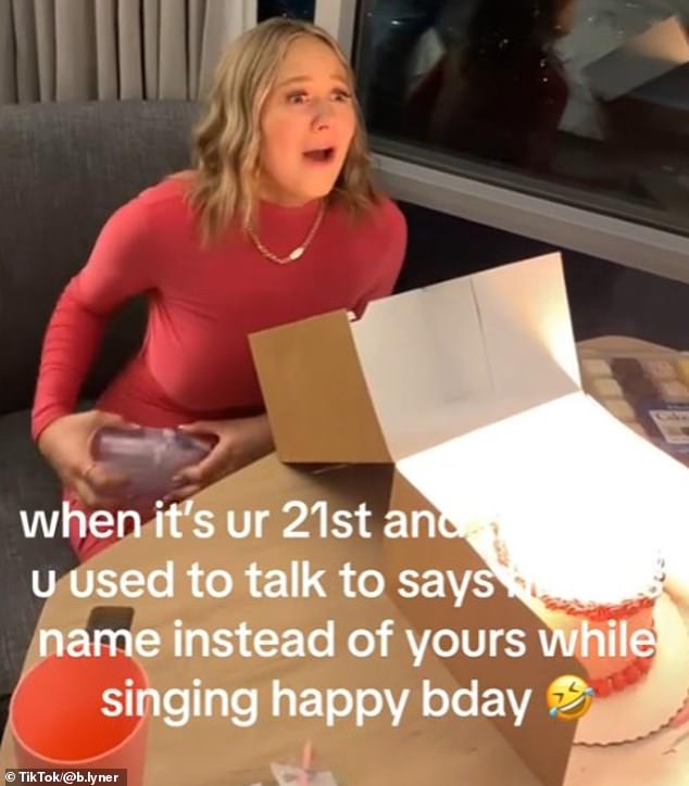 A woman has shared footage of the awkward moment her boyfriend said his ex's name while singing Happy Birthday to her