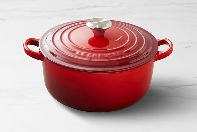 The found peche-colored Dutch oven Butler is available for purchase at Williams Sonoma, priced from $420 to $460