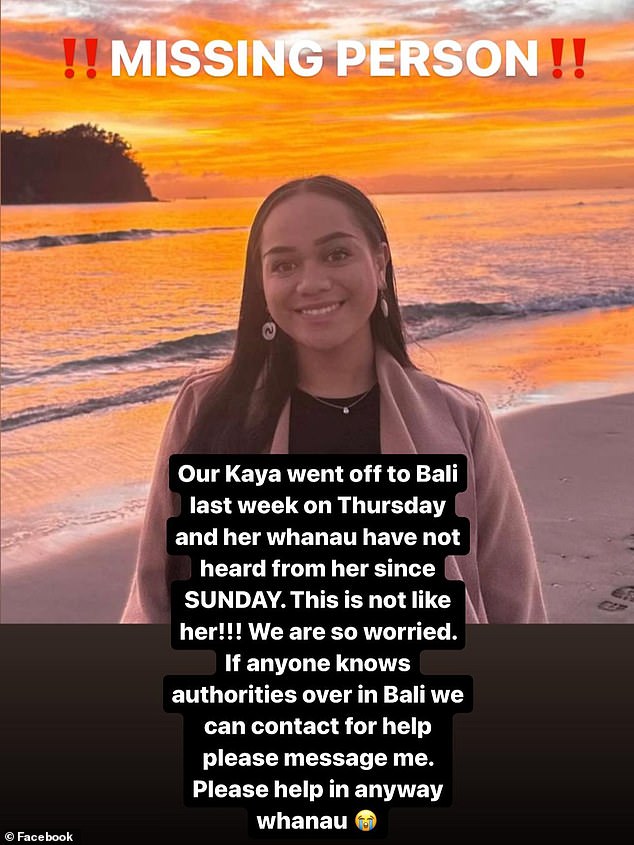 Kaya Awhitu (photo) flew to the Indonesian holiday island last Thursday, October 3, but has not heard anything since Sunday