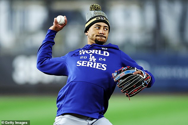 Mookie Betts #50 of the Dodgers plays ball on World Series Workout Day prior to Game 3