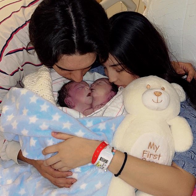 Brianna Pereyda, 20, gave birth to Josiah and Isaiah on October 9 in Arizona, against the advice of local doctors. She is seen here with the twins during their final moments, along with husband Emiliano Hernandez.