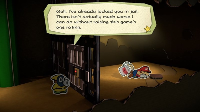 A shy man throws Mario in jail in a screenshot from Paper Mario: Color Splash