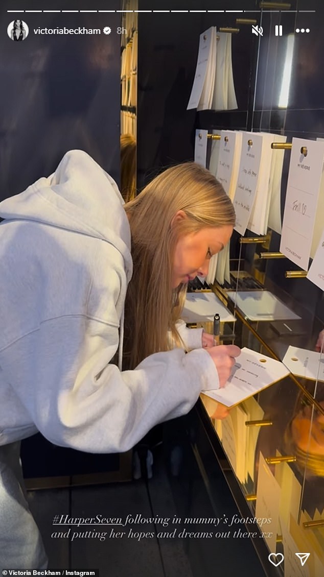 At Victoria's launch party for her latest perfume Reverie in New York, Harper went to the sensory immersion exhibit to write down their dreams and hang them on the wall.