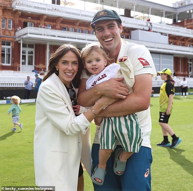 Becky and Pat (pictured with Albie during last year's Ashes series in England) are expecting their second child in February