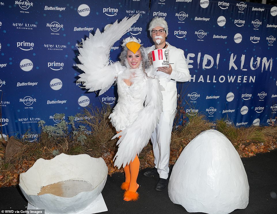 The contortionist was decked out in white feathers like a chick hatching from an egg, while the social media personality was dressed as Colonel Sanders, the founder of KFC