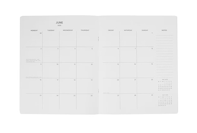 The planner has all the components you would expect: an annual overview, a contact page and spacious boxes for recording appointments, plans, 'to do's' and holidays per month