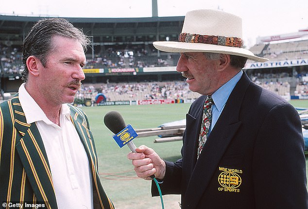 Chappell (pictured interviewing Allan Border) started working as a commentator for Channel Nine's cricket coverage in the 1980-81 season - and became an icon