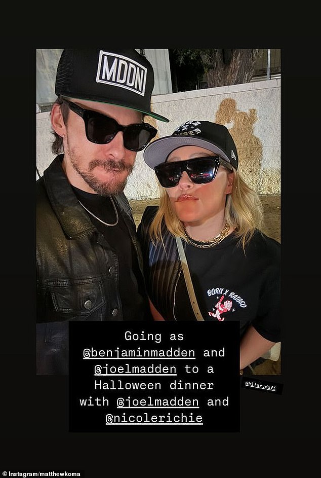 “I'm going as @benjaminadden and @joelmadden to a Halloween dinner with @joelmadden and @nicolerichie,” Koma wrote via Instagram Stories