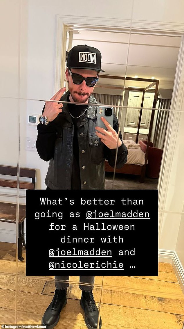 The Younger star, 37, and Koma, also 37, dressed up as twins Benji and Joel Madden, 45, for a Halloween dinner with Nicole and Joel