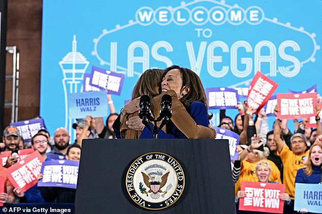 Jennifer Lopez (left) and Vice President Kamala Harris (right) embrace on stage during a Thursday evening rally in Las Vegas, where Lopez addressed the insulting joke about Puerto Rico that was made during former President Donald Trump's rally in Madison Square Garden on Sunday