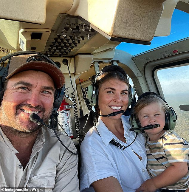 Kaia and Matt Wright (pictured with son Banjo, 4) first met when the TV star suddenly landed his helicopter near her while she was on a boat near Rottnest Island with friends in 2014.