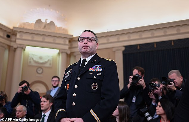 Vindman, pictured before his dramatic testimony on November 19, 2019, rose to national prominence in 2019 when he testified against President Donald Trump during his first impeachment hearings