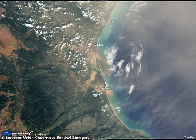 In this image taken by the Copernicus Sentinel-3 satellite, you can see the huge plume of brown mud being swept out to sea by the force of the flood