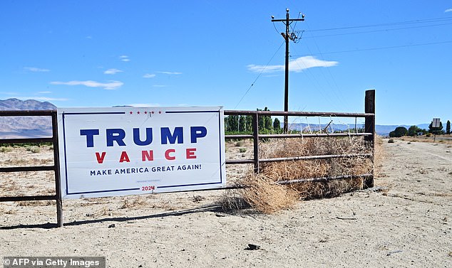 A sign supporting Trump and Vance seen in rural Dyer, Esmeralda County, Nevada's least populous county, on October 17, 2024