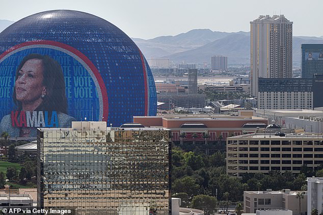 An image of U.S. Vice President and Democratic presidential candidate Kamala Harris is seen at The Sphere in Las Vegas, Nevada, on October 31, 2024