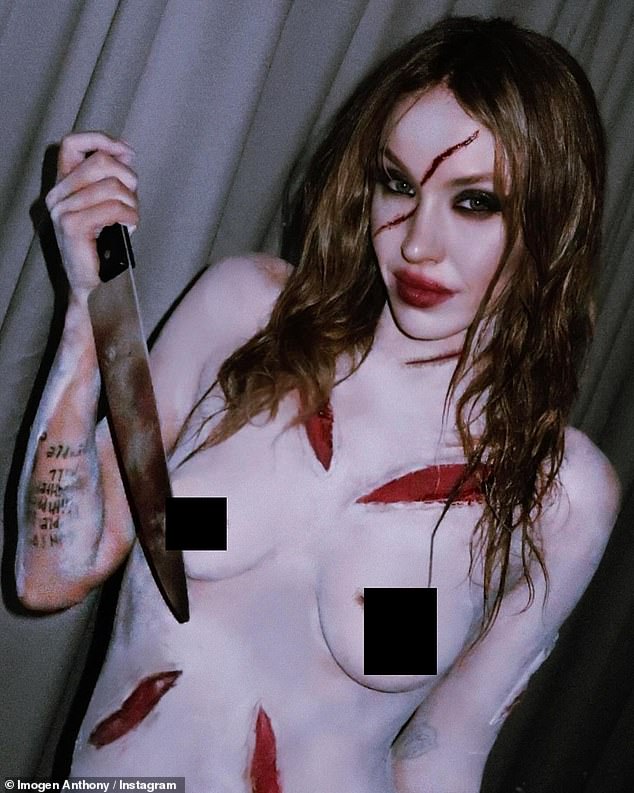 Imogen completed her shocked look by placing fake blood marks all over her body as she proudly showed off her genetically blessed figure