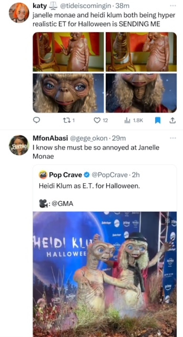 Janelle Monae and Heidi Klum are both hyper-realistic ET for Halloween and SEND me,” one X user wrote. Another fan said of the model, 