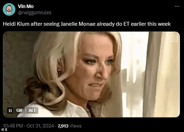 “Heidi Klum after seeing Janelle Monae do ET earlier this week,” one person wrote alongside a GIF of a woman snarling