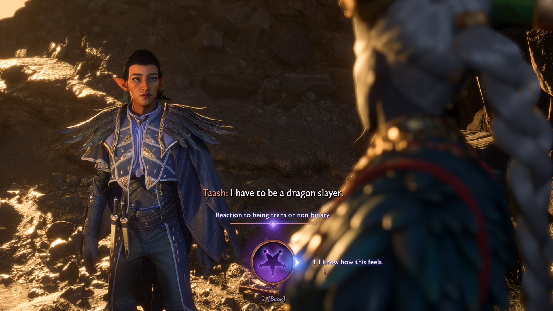 In an image from Dragon Age: The Veilguard, an elven Rook comforts their Qunari friend Taash and mentions their trans identity in an attempt to identify.