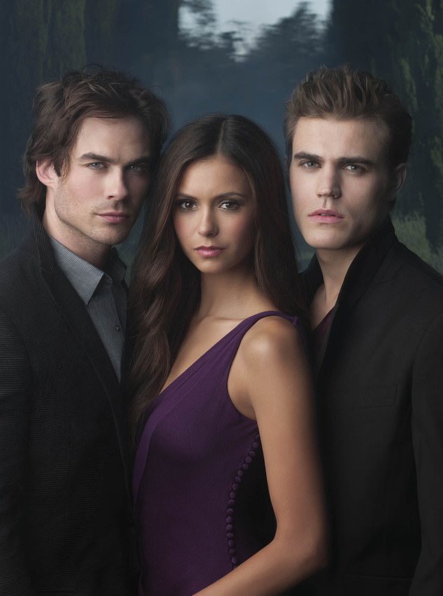 Ian Somerhalder (left) as Damon Salvatore, Nina Dobrev (center) as Elena Gilbert and Paul Wesley (right) as Stefan Salvatore in the hit TV show The Vampire Diaries