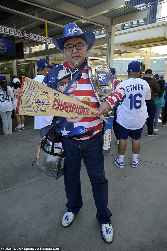 Many fans dressed up in Dodgers gear, including pennants, belts, hats and shoes