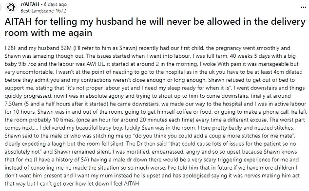 The 28-year-old woman took to Reddit to describe the incident where her husband – who she called Shawn – asked for a 