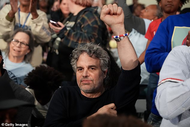 Mark Ruffalo, who plays the Hulk in the 'Avengers', cheers as Democratic presidential candidate and US Vice President Kamala Harris speaks to supporters at the Alan Horwitz 'Sixth Man' Center on October 27, 2024 in Philadelphia, Pennsylvania