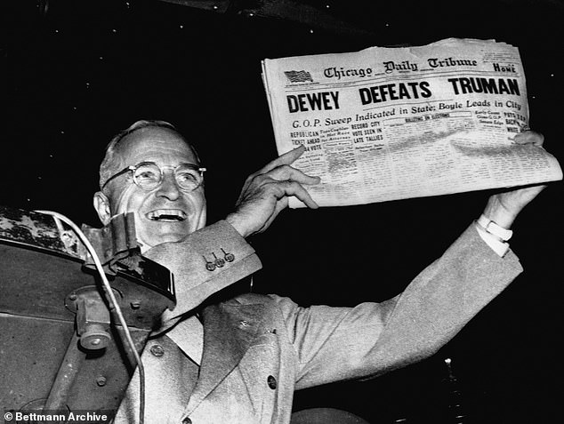 the betting markets were wrong in 1948 when President Harry S. Truman won; Here he cheerfully displays a premature early edition of the Chicago Daily Tribune from his train in St. Louis, Missouri, after his defeat of Thomas E. Dewey