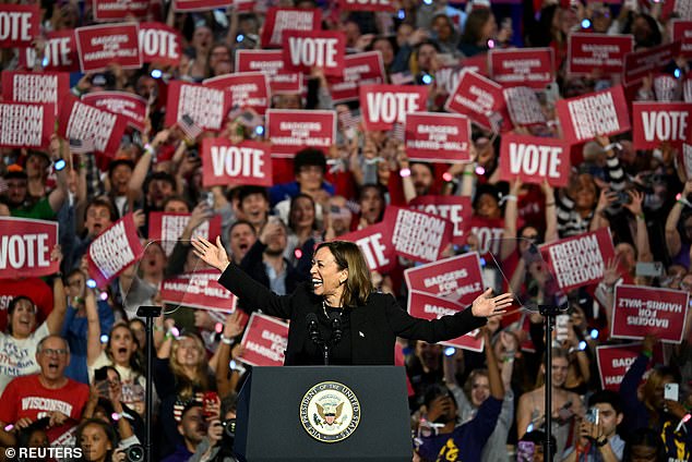 U.S. Vice President Kamala Harris, the U.S. Democratic presidential candidate, responds to her campaign rally in Madison, Wisconsin, U.S., October 30, 2024