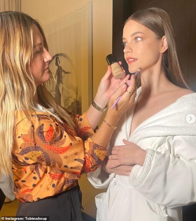 Tobi says our makeup routine should evolve as we age and experience different concerns. She is pictured with model and actress Barbara Palvin, 31, one of Tobi's most loyal customers