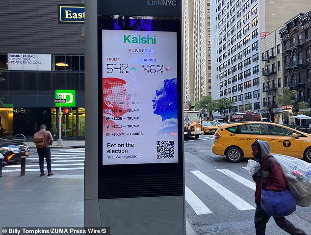 Live election betting on a digital kiosk on a New York City street