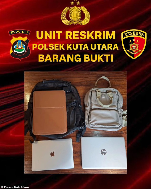 Ms Crimmins is said to have stolen a MacBook Air and an HP laptop (both pictured) from the seating area of ​​Popular Deli in a supermarket in Bali's North Kuta on Wednesday morning.