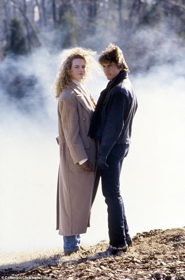 The film, directed by his Top Gun director Tony Scott, stars Cruise as Cole Trickle, a hot-headed rookie stock car driver; pictured with Kidman in a still from the film